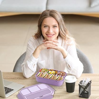 Bento Box Adult Lunch Box, Lunch Containers for Kids Girls Boys with 4 Compartments, Lunchable Food Container with Utensils, Sauce Jar, Muffin Liners, 40 Oz/5 Cup, Microwave Safe, Lavender
