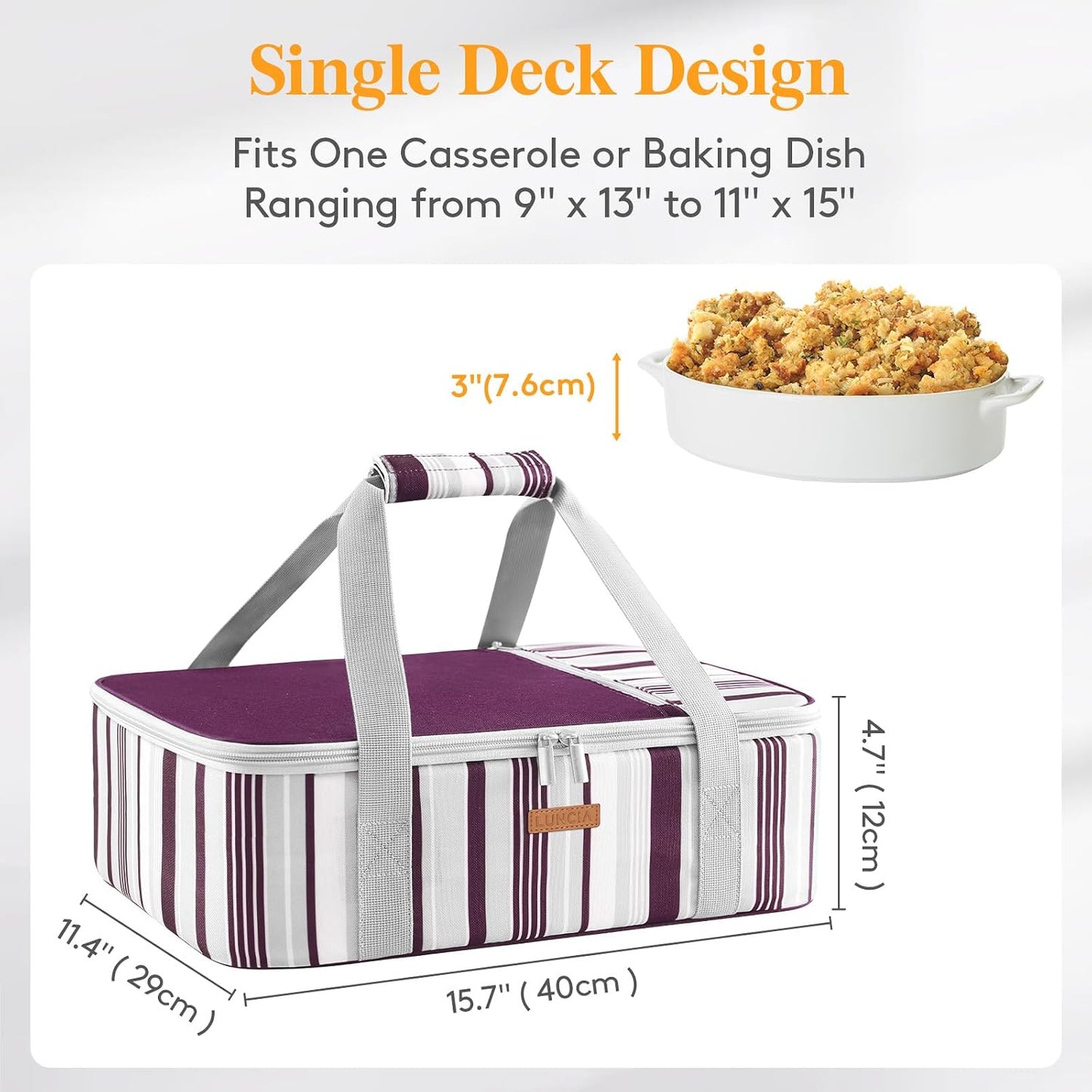 LUNCIA Insulated Single Decker Casserole Carrier, Lasagna Lugger Tote Keeps Food Hot or Cold, Thermal Lunch Bag for Potluck Parties, Picnic and Cookouts, Fits 9" x 13" Baking Dish, Black