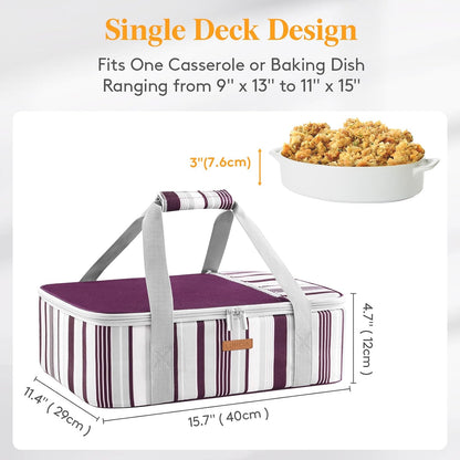 LUNCIA Insulated Single Decker Casserole Carrier, Lasagna Lugger Tote Keeps Food Hot or Cold, Thermal Lunch Bag for Potluck Parties, Picnic and Cookouts, Fits 9" x 13" Baking Dish, Black