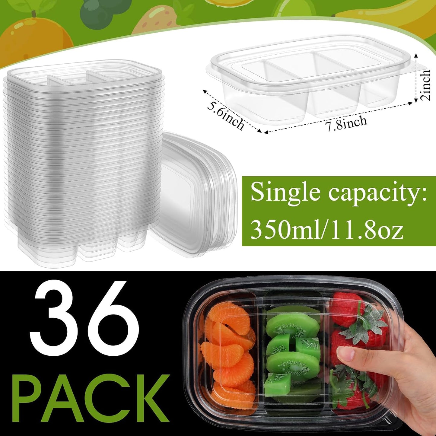Chunful 36 Pcs 3 Compartment Transparent Snack Containers with Lids Disposable Bento Box Plastic Food Meal Prep Containers for Condiment Salad Dipping School Work Lunch