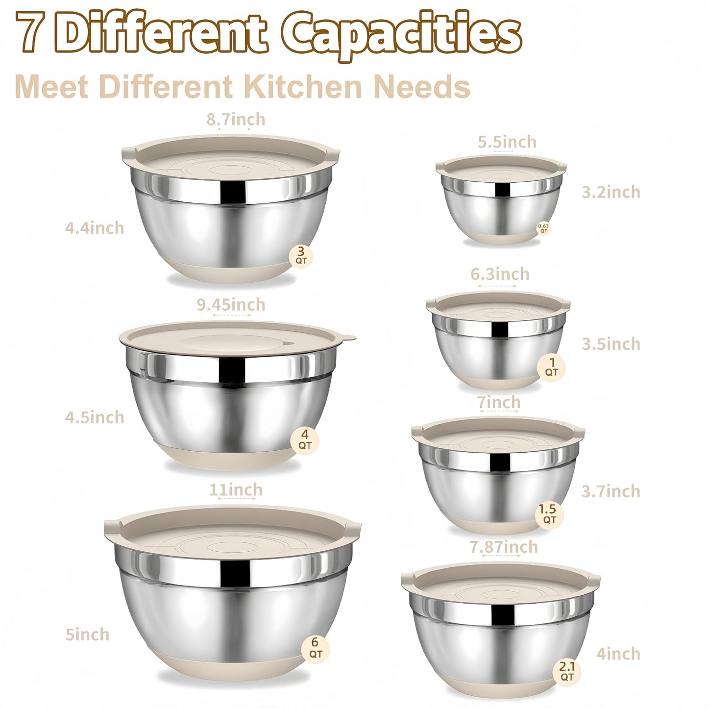 Mixing Bowls with Lids Set,7PCS Stainless Steel Bowls with 3 Grater Attachments and Measuring Spoons,Ideal for Kitchen Cooking & Serving,Non-slip Bottoms Size 6, 4, 3, 2.1,1.5,1,0.63QT (Black)