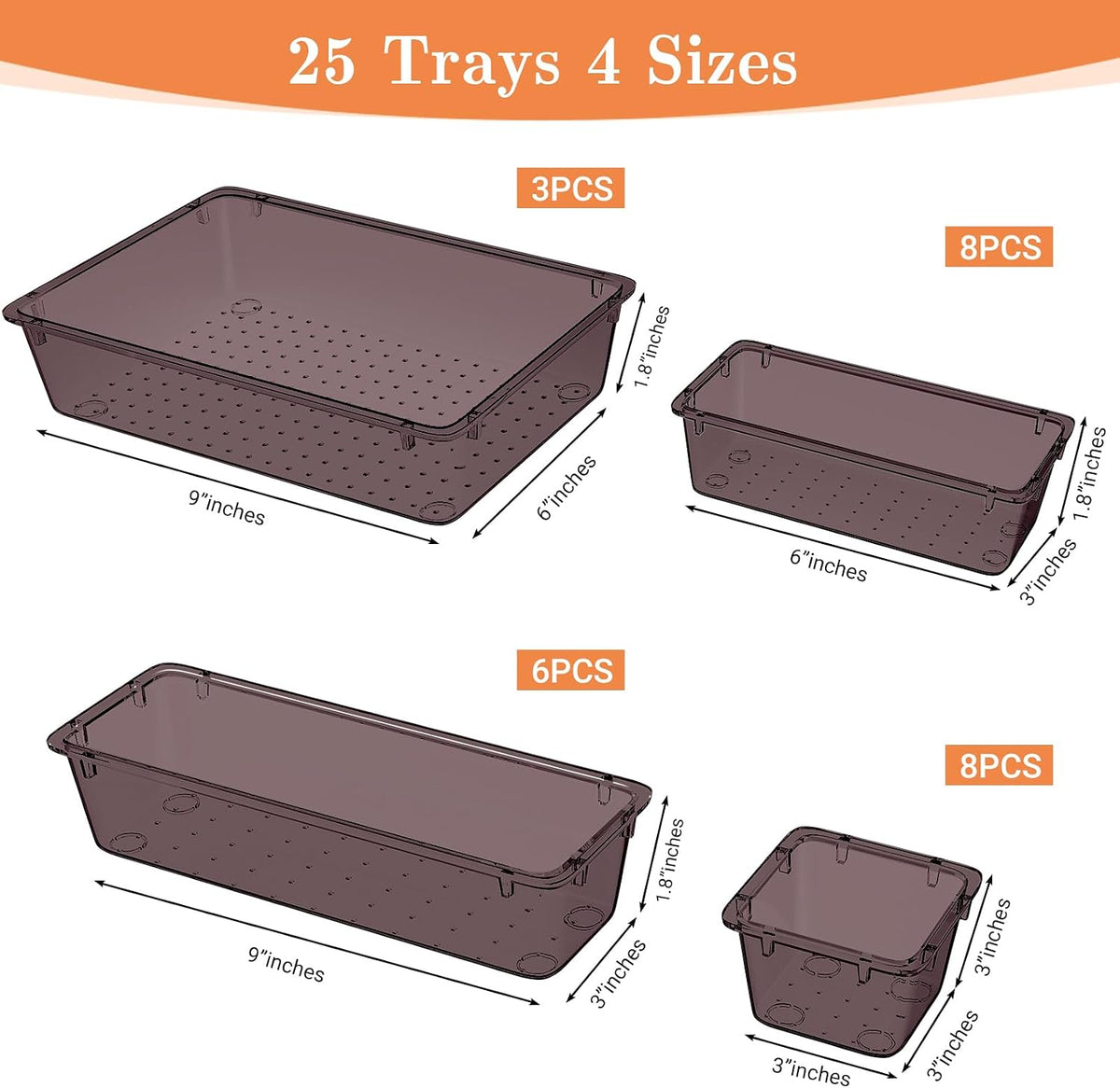 SpaceHacks 25 PCS Plastic Drawer Organizer Set, 4-Size Versatile Organizer Tool Trays & storage Bins for Makeup, Jewelry, and Gadgets in Bathroom, Bedroom and Office,Clear Black