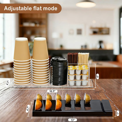 Acrylic Cup and Lid Holder with Coffee Pods Organizer, Adjustable Coffee Cup Holder 6 Compartment Dispenser for Disposable Cup and Straw Accessories Organizer, for Office, Home, Coffee Bar Countertop