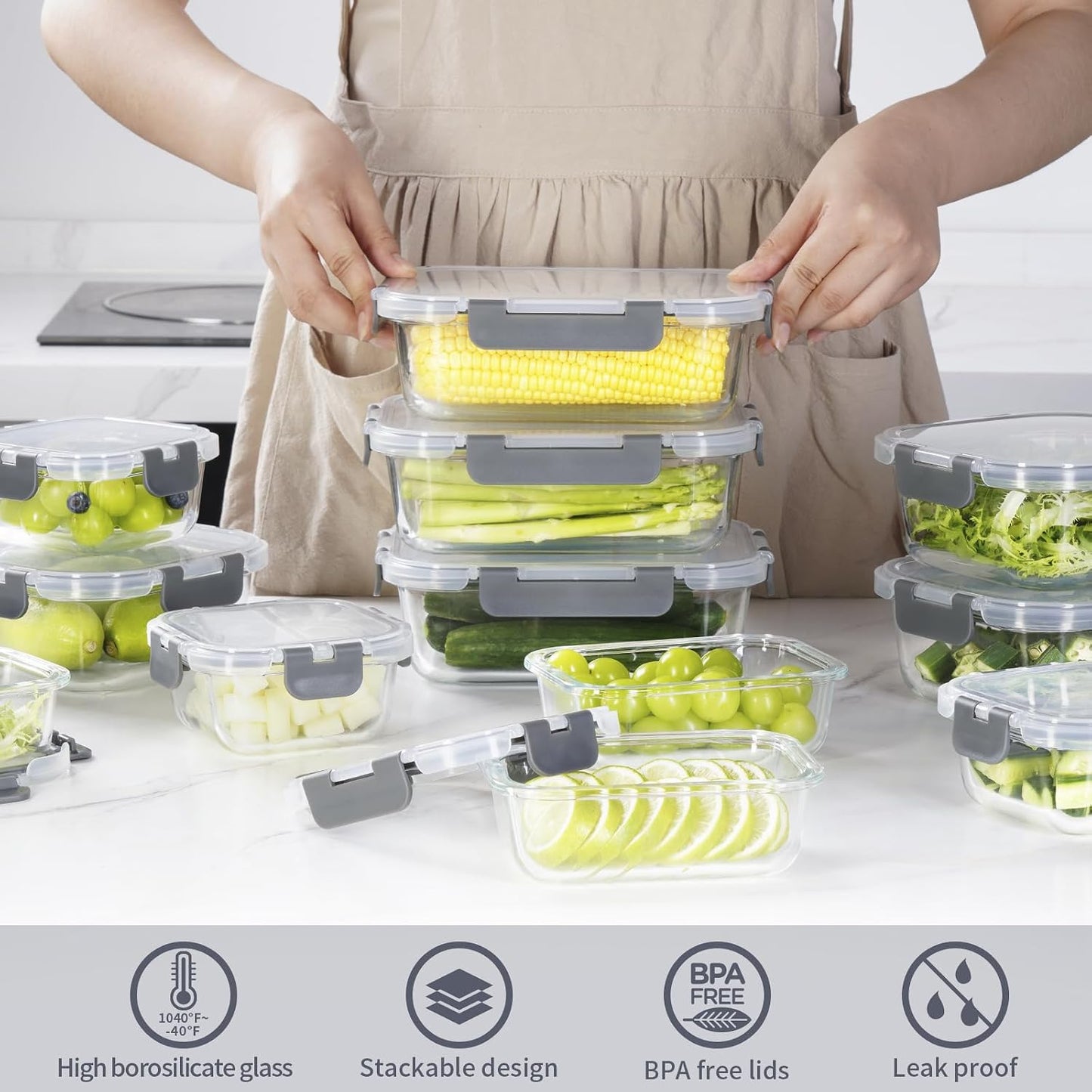 Glass Food Storage Containers with Lids, [18 Piece] Glass Meal Prep Containers, Containers for Food Storage with Lids, BPA Free & Leak Proof (9 Lid & 9 Container)