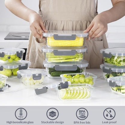 Glass Food Storage Containers with Lids, [18 Piece] Glass Meal Prep Containers, Containers for Food Storage with Lids, BPA Free & Leak Proof (9 Lid & 9 Container)