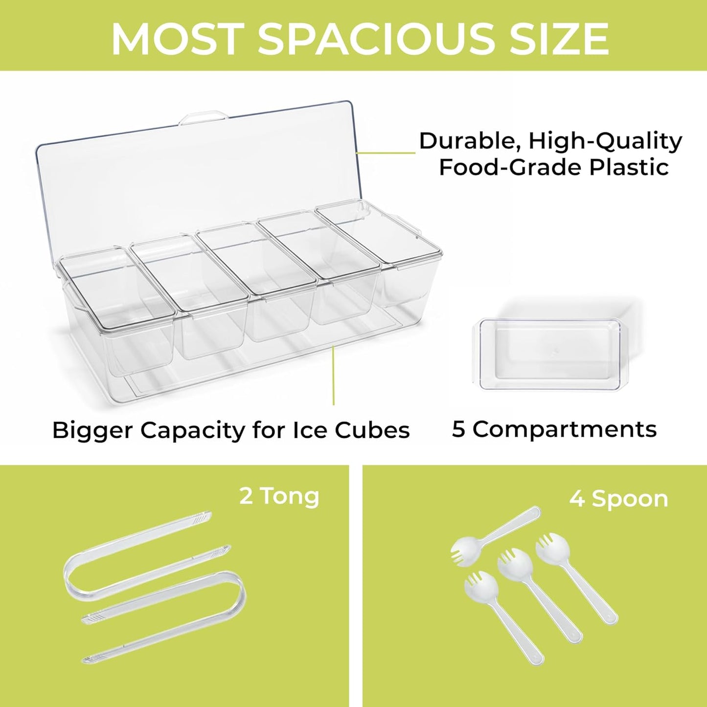 Large Ice Condiment Containers with lids – Condiment Caddy with 5 Removable Containers (20 Oz Capacity) – Taco bar serving set, Host Essentials tray with 5 Spoons and 2 tongs – Ice Color garnish tray