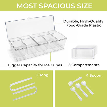 Large Ice Condiment Containers with lids – Condiment Caddy with 5 Removable Containers (20 Oz Capacity) – Taco bar serving set, Host Essentials tray with 5 Spoons and 2 tongs – Ice Color garnish tray