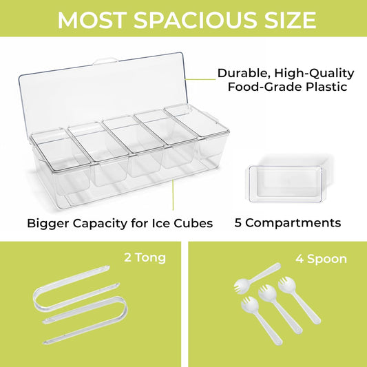 Large Ice Condiment Containers with lids – Condiment Caddy with 5 Removable Containers (20 Oz Capacity) – Taco bar serving set, Host Essentials tray with 5 Spoons and 2 tongs – Ice Color garnish tray