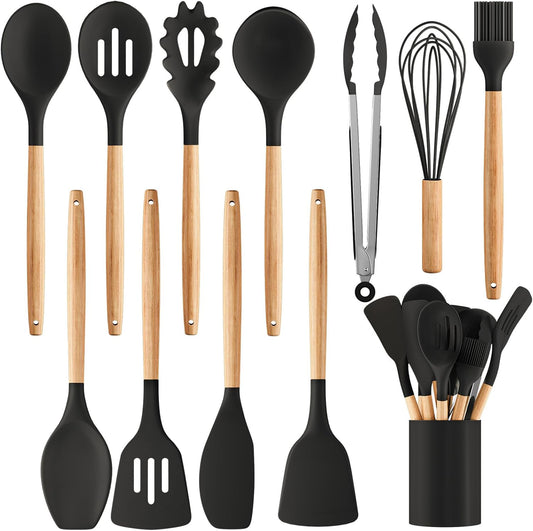 Silicone Cooking Utensil Set,12 PCS Cooking Cookware Kitchen Utensils Set for Cooking, Nonstick 446°F Heat-Resistant Cookware Kitchen Tools of Spoon,Brush,Whisk,Spatula,Turner Tongs (Khaki)
