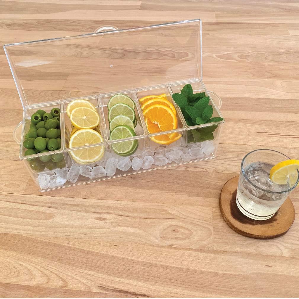 Evelots Ice Chilled 5 Compartment Condiment Server Caddy with Hinged Lid | Plastic Garnish Serving Tray Container | Perfect for BBQs & Parties