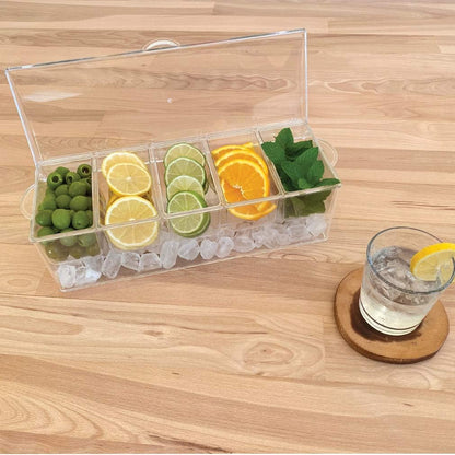 Evelots Ice Chilled 5 Compartment Condiment Server Caddy with Hinged Lid | Plastic Garnish Serving Tray Container | Perfect for BBQs & Parties