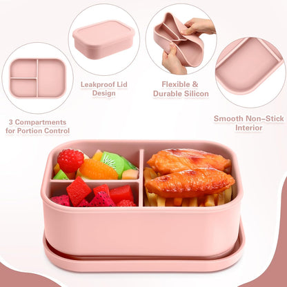 Honeydak 6 Pcs Silicone Bento Box Reusable Silicone Bento Lunch Container for Adults Microwave Dishwasher Freezer Safe 3 Compartment (Light Colors)