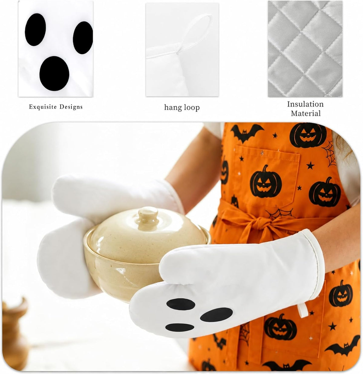 FYSUIMU 4Pcs Halloween Oven Mitts and Pot Holders Set, Evil Pumpkin Ghost