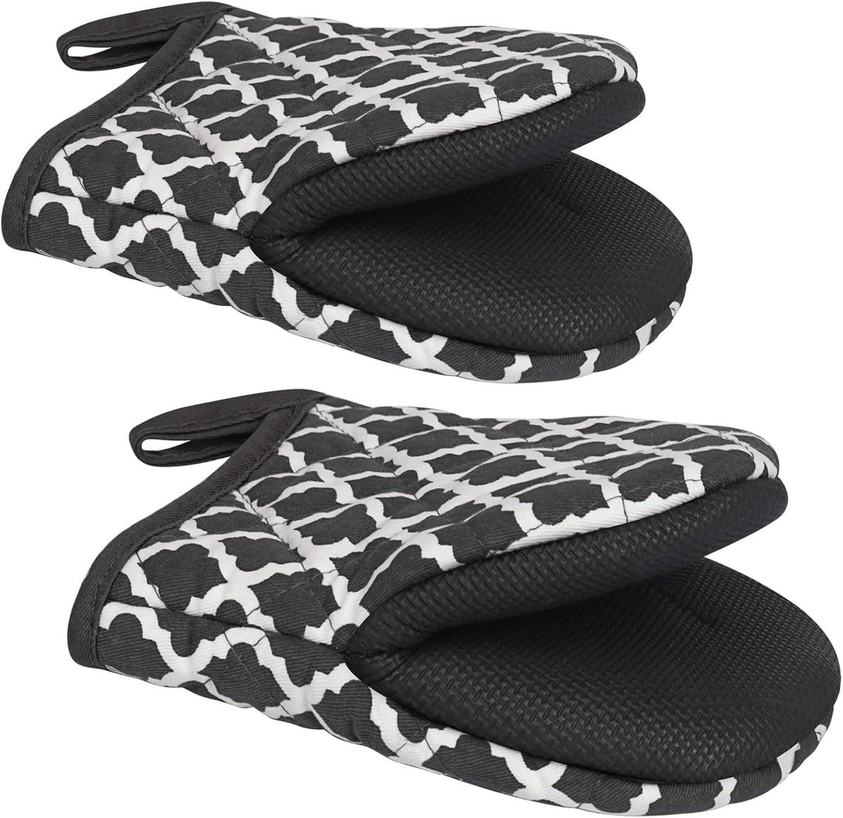 1 Pair Short Oven Mitts - Silicone Kitchen Oven Gloves High Heat Resistant 500℉, Mini Oven Mits with Non-Slip Grip Surfaces and Hanging Loop for BBQ, Baking, Cooking and Grilling (Black)