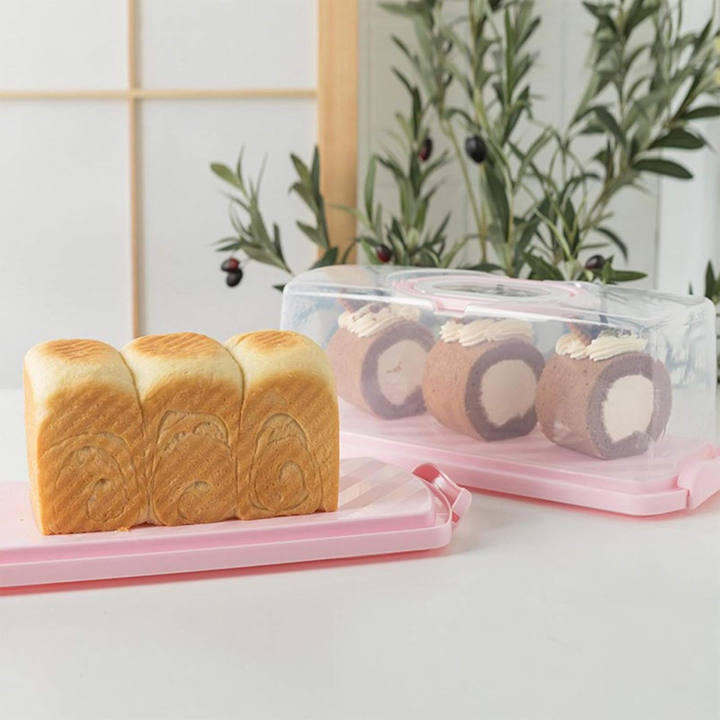 Plastic Rectangular Bread Box with Portable Handle, Loaf Cake Storage Container Box for Storing Banana Bread,Pumpkin Bread (Rectangular-White)