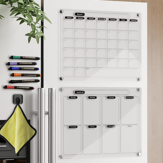 Acrylic Magnetic Calendar for Fridge, Set of 2 Clear Dry Erase Calendar Reusable Planning Boards Monthly & Weekly Black, with Wet Erasable Markers 16" x 12" inches