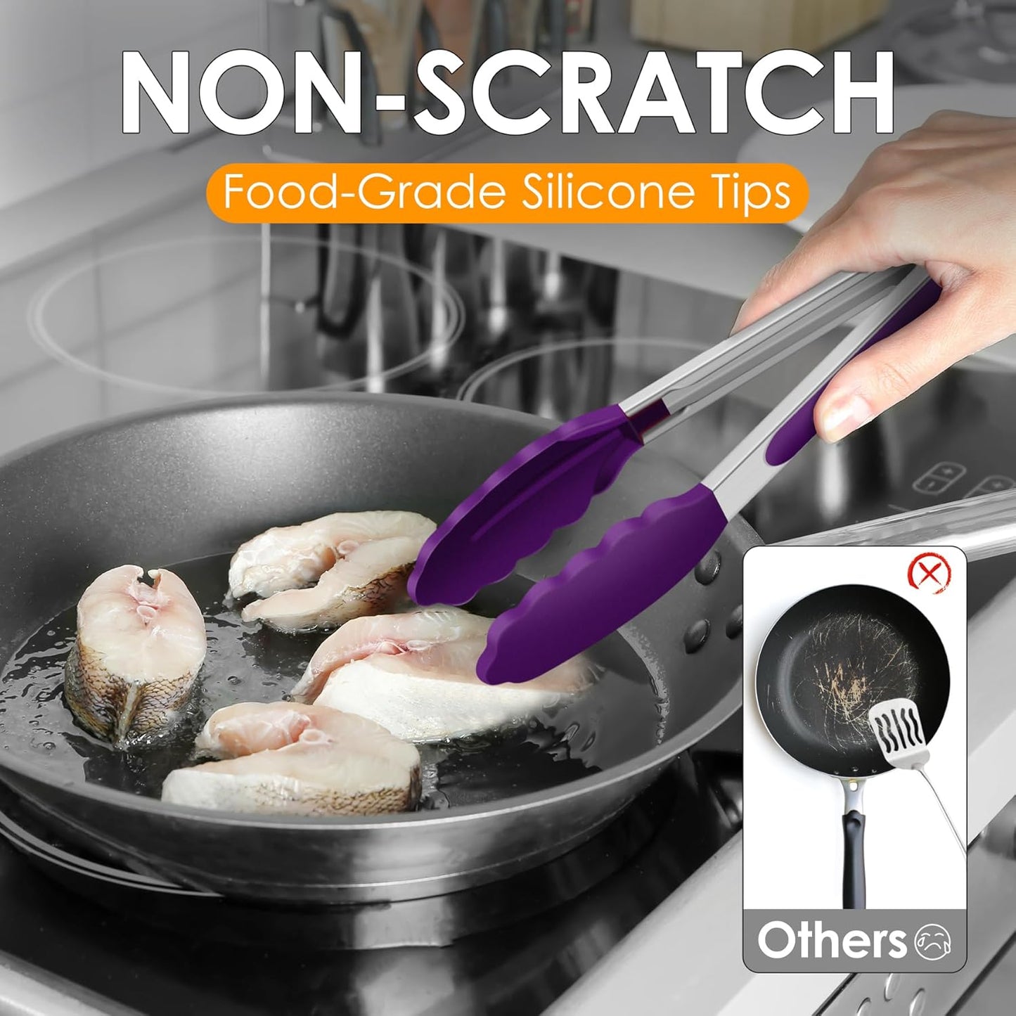 HOTEC Premium Stainless Steel Locking Kitchen Tongs with Silicon Tips, Set of 2-9" and 12"