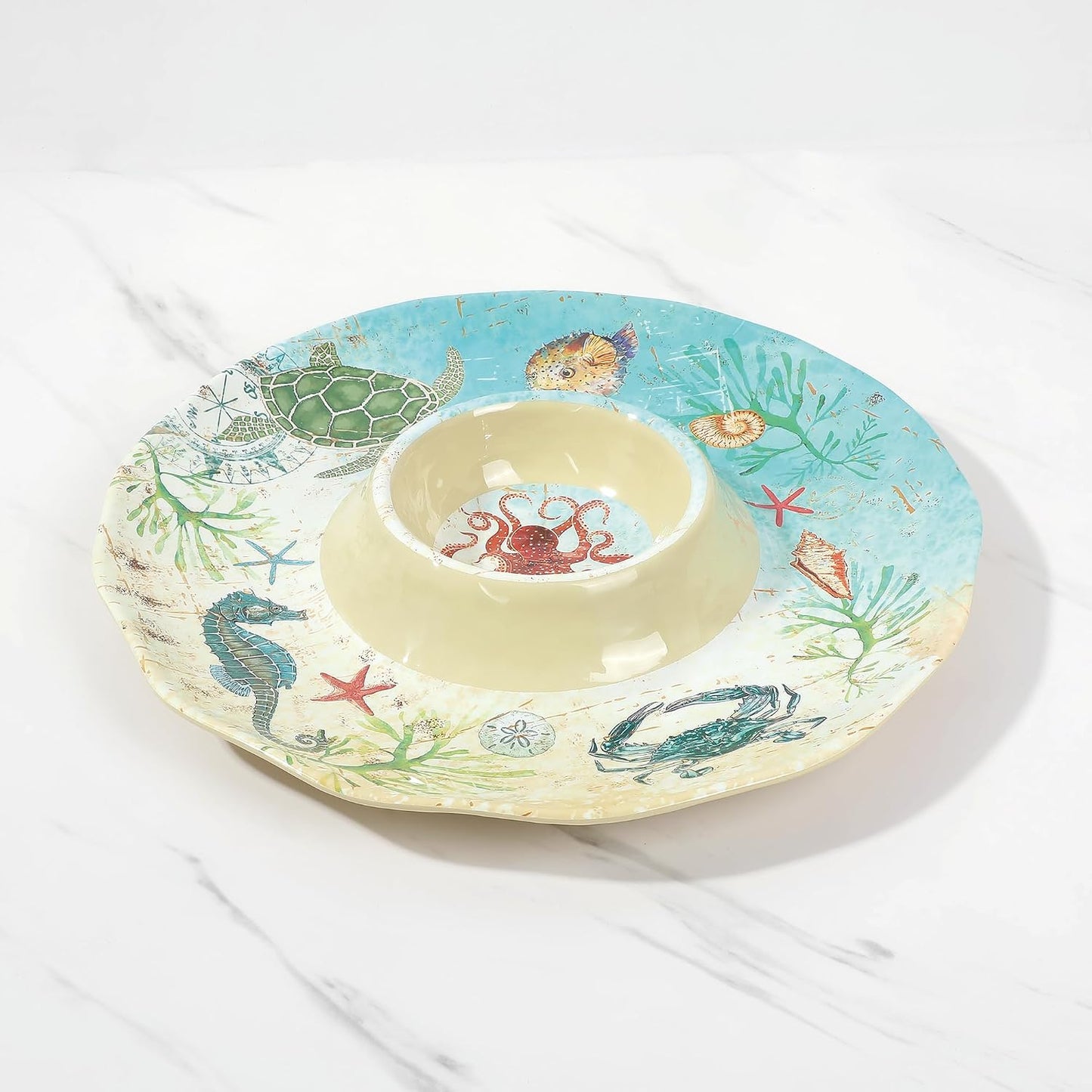 UP Sea Life Melamine Chip and Dip Serving Tray, Round Serving Platter for Chips, Salsa, Fruit, and Snacks, Multicolor, 13.5 Inch