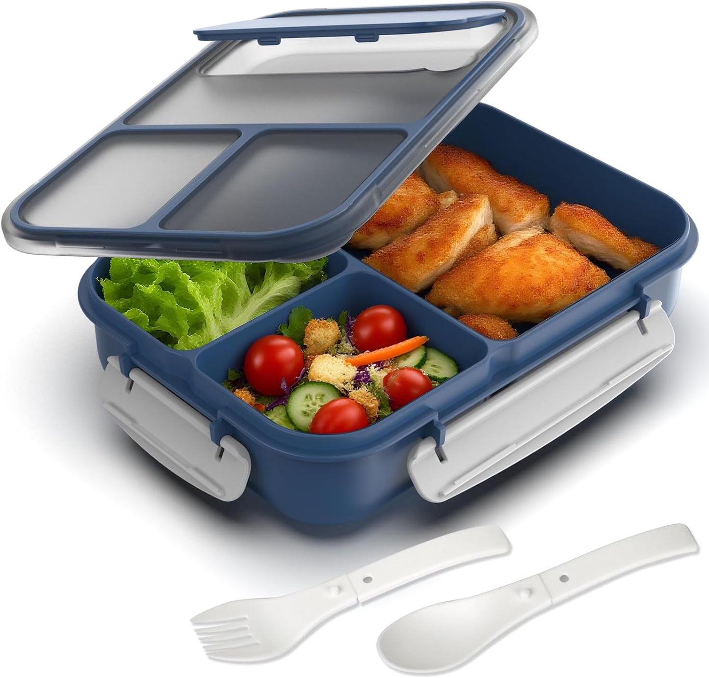 WHALEHOUSE Bento Lunch Box, 1300ML 4 Compartments Meal Prep Container with Utensil, Airtight Food Storage Container with Snap Locking Lids, Microwave/Dishwasher/Freezer Safe, On the Go