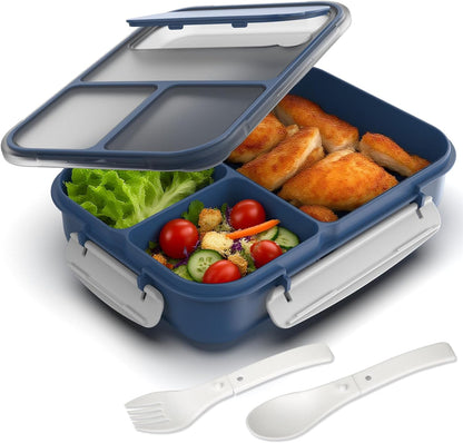 WHALEHOUSE Bento Lunch Box, 1300ML 4 Compartments Meal Prep Container with Utensil, Airtight Food Storage Container with Snap Locking Lids, Microwave/Dishwasher/Freezer Safe, On the Go