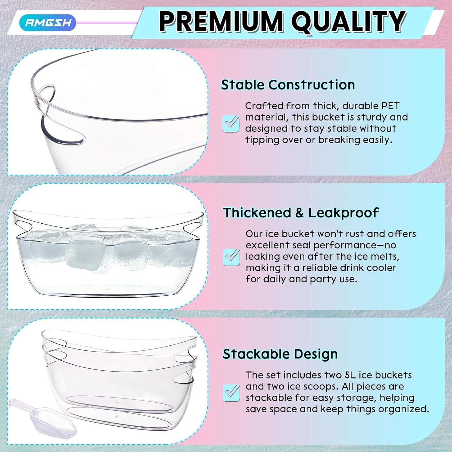 2 Pcs Ice Bucket, 5L Beverage Tub with Scoops, Clear Ice Buckets for Parties, Portable Drink Cooler for Cocktail Bar, Champagne Bucket for Beverage/Wine/Beer, Mimosa Bar Supplies Chiller Tub