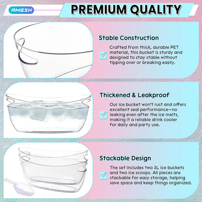 2 Pcs Ice Bucket, 5L Beverage Tub with Scoops, Clear Ice Buckets for Parties, Portable Drink Cooler for Cocktail Bar, Champagne Bucket for Beverage/Wine/Beer, Mimosa Bar Supplies Chiller Tub