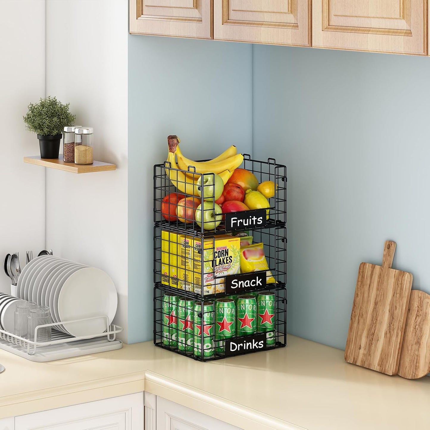 JKsmart 3 Pack XXL Stackable Wire Baskets with Handles for Pantry Storage and Organization, Fruit and Vegetable Basket with Name Plates, Metal Storage Bins for Snack Can Fruit Veggies, XXL