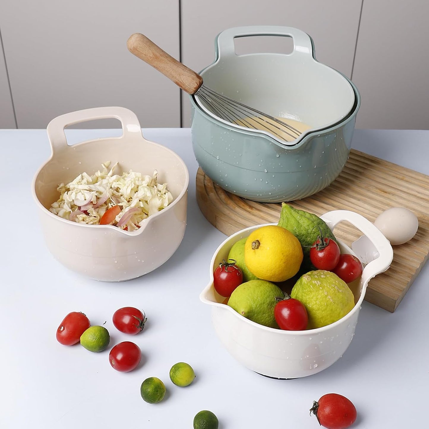 Mixing Bowls - 4 Piece Nesting Plastic Mixing Bowl Set with Pour Spouts and Handles - Non Slip Bottom and Measurement Markings (Light Gray)