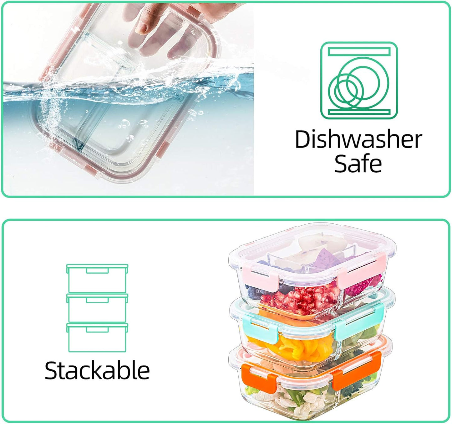 C CREST [5-Pack] Glass Lunch Box, Meal Prep Glass Containers with Lids, Glass Food Storage Containers, 34 OZ
