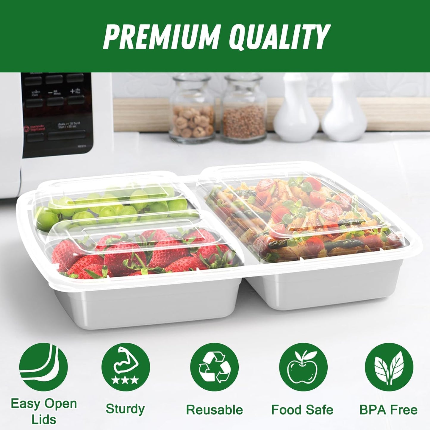 50 Pack (100-Piece) 32 oz Meal Prep Containers Reusable with Lids 3-Compartment, To Go Take Out Plastic Food Storage Containers, Sturdy Leakproof Food Safe, Microwave Freezer Dishwasher Safe, Black