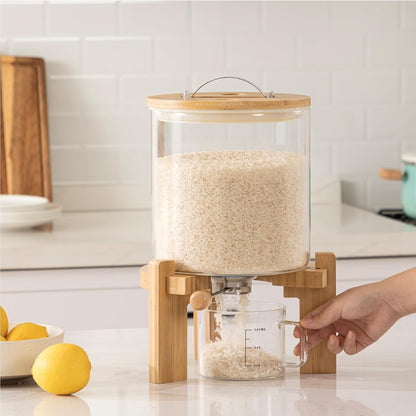 HBlife 5-7 Lbs Glass Rice Dispenser with Wooden Stand Flour and Cereal Container with Glass Measuring Cup Pantry Food Organization Storage Bin with Airtight Bamboo Lid, 3L