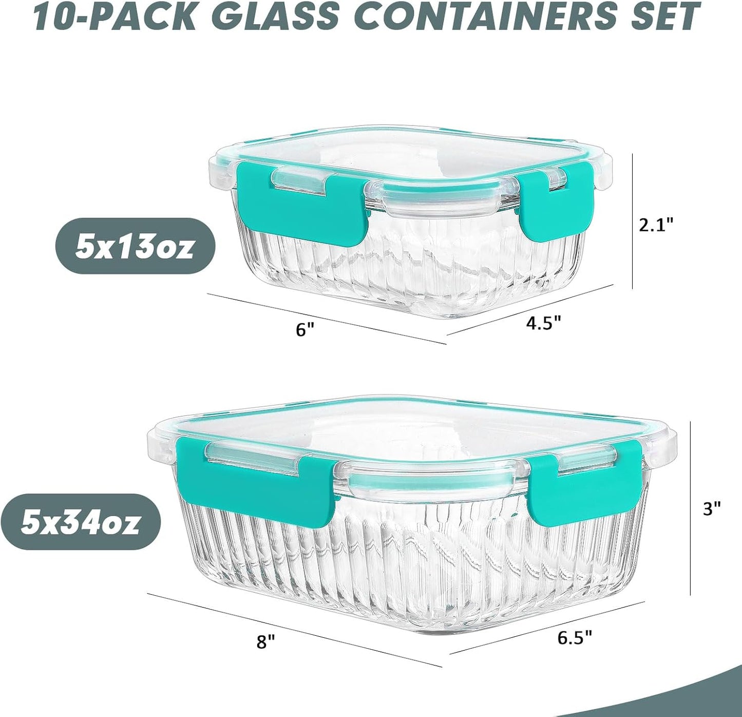 KOMUEE 10 Pack Glass Food Storage Containers, Meal Prep Containers with Lids, Airtight Glass Lunch Boxes, Freezer, Oven, and Microwave Safe, Pink