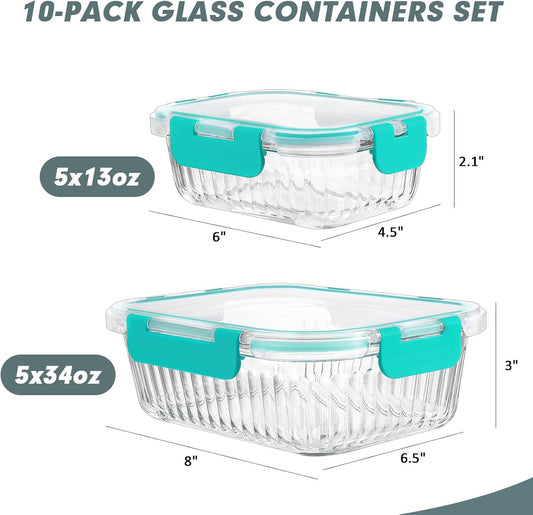 KOMUEE 10 Pack Glass Food Storage Containers, Meal Prep Containers with Lids, Airtight Glass Lunch Boxes, Freezer, Oven, and Microwave Safe, Pink