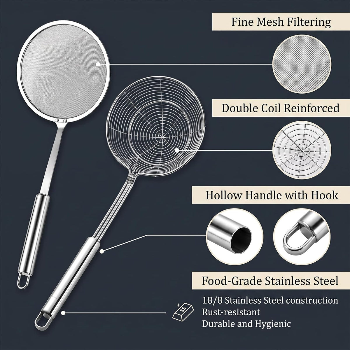 2PCS Stainless Steel Spider Strainer Set, Wire Mesh Skimmer Spoon for Frying, Noodles, Dumplings, Hot Pot & Soup