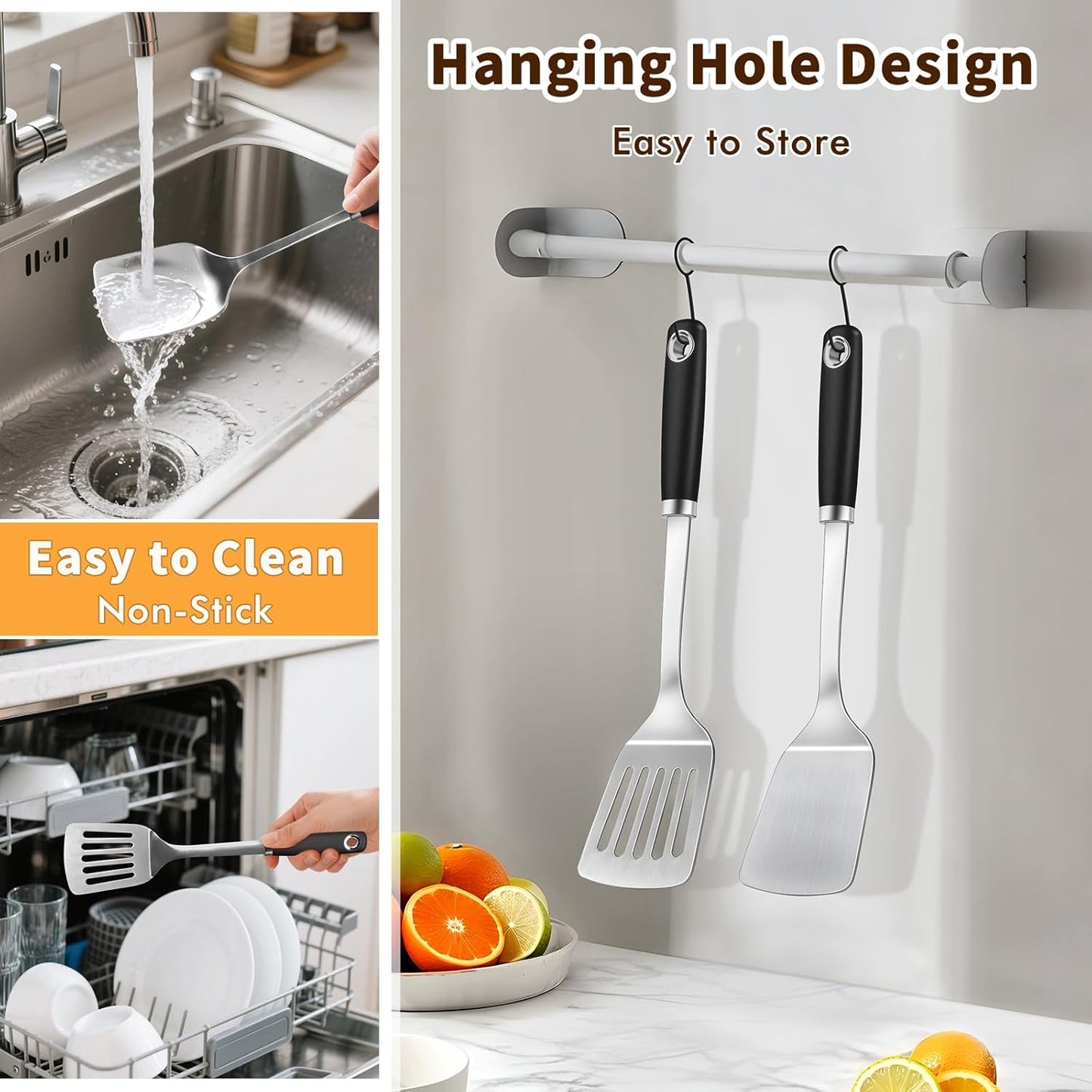 2 Pcs Stainless Steel Spatulas Set, Metal Spatula Solid & Slotted Turner, Heavy Duty Sturdy Spatula for Kitchen Use, High Heat Resistant Cooking Utensils for Fish Eggs Pancakes, Easy to Clean, Silver
