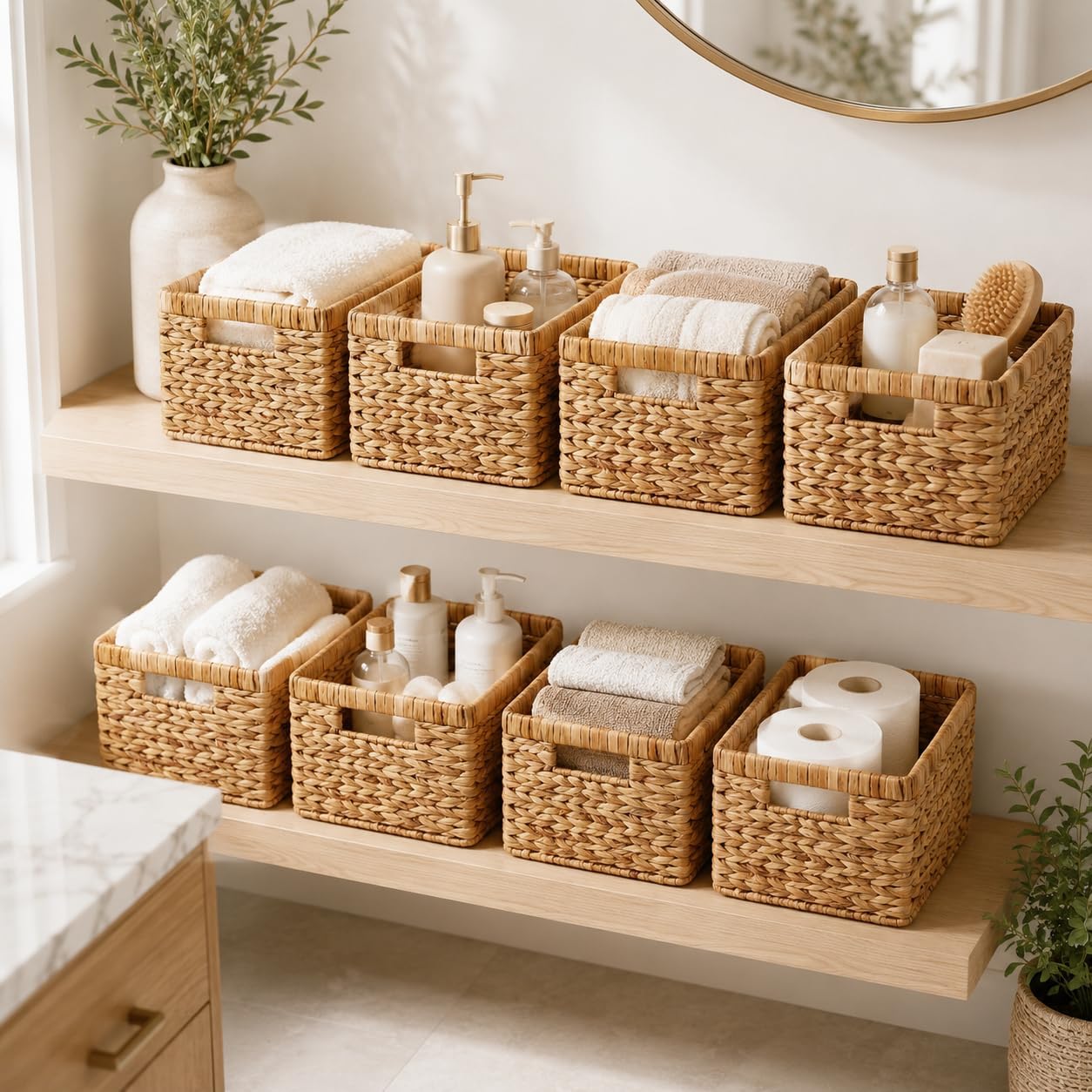 Water Hyacinth Storage Baskets for Shelves Set of 4 — Wicker Baskets for Storage and Organizing, Woven Shelf Baskets with Handles for Pantry, Kitchen, Bathroom and Bedroom, 13" x 8.25" x 7"