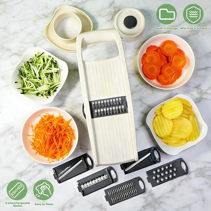 6-in-1 Mandoline Slicer for Kitchen, Multi Blade Veggie Cutter with Drainage Tray, Stainless Steel Blades, BPA-Free, Non-Slip Base & Easy Clean for Meal Prep (stainless steel)