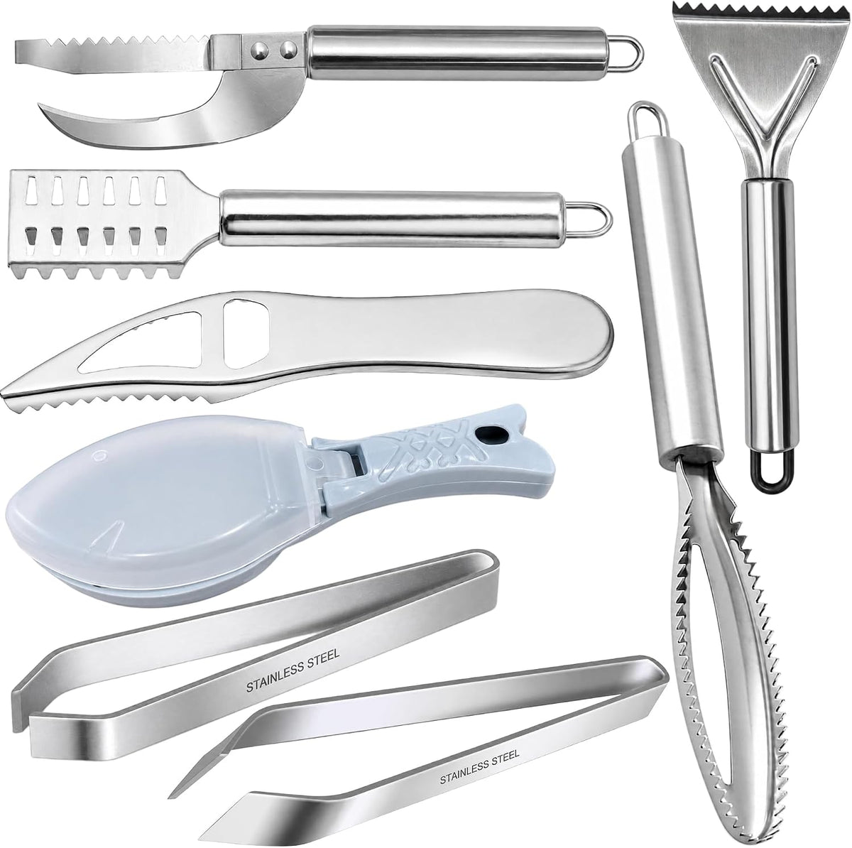8 Pcs Stainless Steel Fish Scaler Remover Set, Fishbone Tweezers, Sawtooth Fish Descaler, Cleaner Scraper, Seafood Tool for Family Kitchen Scales Removing