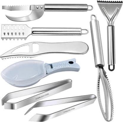 8 Pcs Stainless Steel Fish Scaler Remover Set, Fishbone Tweezers, Sawtooth Fish Descaler, Cleaner Scraper, Seafood Tool for Family Kitchen Scales Removing