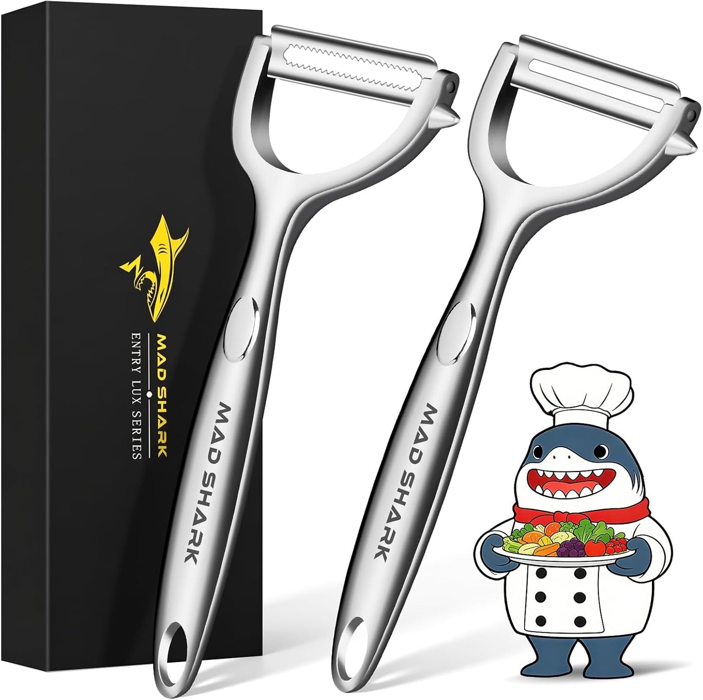MAD SHARK Ultra Sharp Vegetable Peelers for Kitchen 10 Years No Rust Stainless Steel Serrated Potato Peeler Easy to Use Y Peeler with Durable Non-Slip Ergonomic Grips for Carrots, Fruits, Veggie