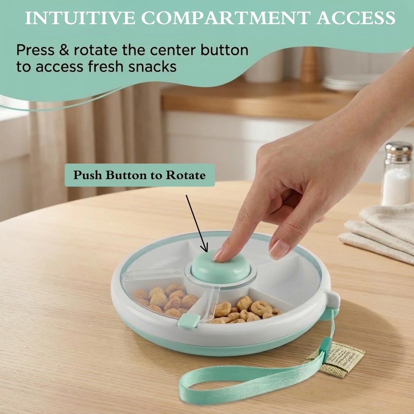 Proudy Portable Snack Spinner Bundle, Food Storage Container, Spinner Box with Rotating Storage, Reusable Kids Snack Container with 5 Compartment Dispenser and Lid, Spinner Box (Light Green)