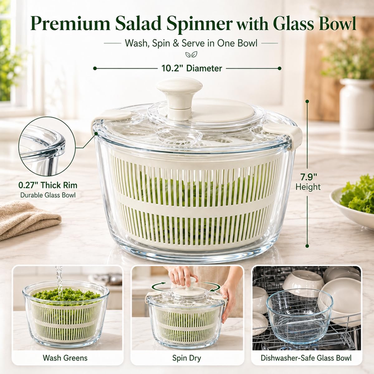 Large 5.2 Qt Glass Salad Spinner with Storage Lid Glass Bowl Black