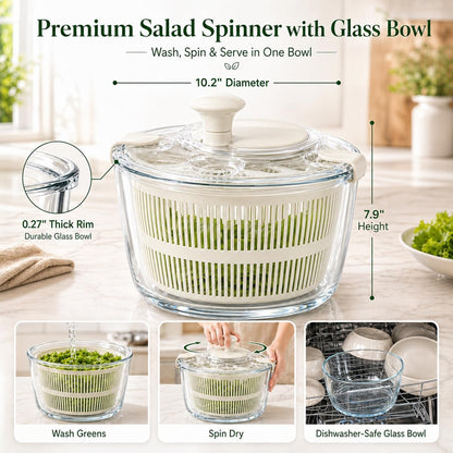 Large 5.2 Qt Glass Salad Spinner with Storage Lid Glass Bowl Black