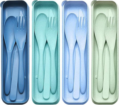 Reusable Travel Utensils Set with Case, 2 Sets Wheat Straw Portable Knife Fork Spoons Camping Cutlery for Lunch Box, Eco-Friendly BPA Free Plastic Tableware for Kids Adults Work Picnic (Purple+Pink)