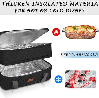 Quilted Double Decker Casserole Carrier - Expandable Dish Carrying Case for Hot or Cold Food, Lasagna Holder for Potluck Parties, Picnic, Beach, Fits 9"×13" Baking Dish (Black)