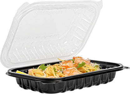 Thermo Tek 40 Ounce Clamshell Containers, 50 Disposable Take Out Boxes - 3 Compartments, Ventilated Lids, Black Plastic Meal Prep Containers, Microwavable, For Pasta Or Salads - Restaurantware