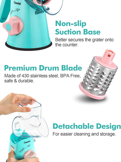 Geedel Rotary Cheese Grater, Kitchen Mandoline Vegetable Slicer with 3 Interchangeable Blades, Easy to Clean Rotary Grater Slicer for Cheese, Vegetables, Nuts