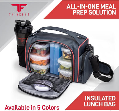 ThinkFit Insulated Meal Prep Lunch Box with 6 BPA-Free, Reusable, Microwavable, Freezer Safe Food Portion-Control Containers, Shaker Cup, Pill Organizer, Lunch Bag with Storage Pocket - (Black)