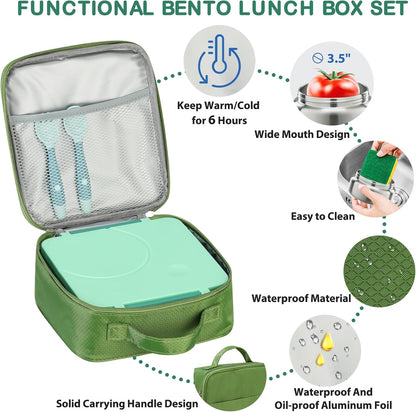 Bento Lunch Box Set for Kids with 8oz Soup Thermo, Leak-Proof Lunch Containers with 4 Compartment, Kids Thermo Hot Food Jar and Insulated Lunch Bag for Kid to School-Black