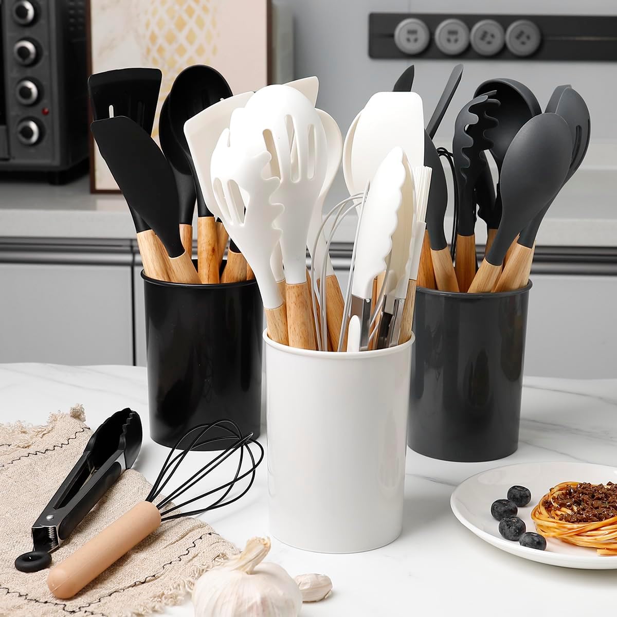 Eco-Friendly Silicone Kitchen Utensil Set, 12-Piece Nonstick Cooking Tools with Plastic Holder Stand (BPA-Free)